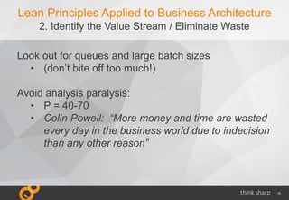 15
Lean Principles Applied to Business Architecture
2. Identify the Value Stream / Eliminate Waste
Look out for queues and...