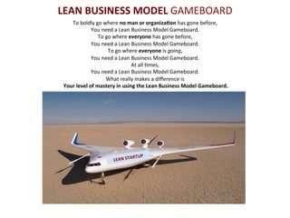 LEAN	
  BUSINESS	
  MODEL	
  GAMEBOARD	
  
To	
  boldly	
  go	
  where	
  no	
  man	
  or	
  organiza3on	
  has	
  gone	
  before,	
  
You	
  need	
  a	
  Lean	
  Business	
  Model	
  Gameboard.	
  
To	
  go	
  where	
  everyone	
  has	
  gone	
  before,	
  
You	
  need	
  a	
  Lean	
  Business	
  Model	
  Gameboard.	
  	
  
To	
  go	
  where	
  everyone	
  is	
  going,	
  
You	
  need	
  a	
  Lean	
  Business	
  Model	
  Gameboard.	
  
At	
  all	
  =mes,	
  
You	
  need	
  a	
  Lean	
  Business	
  Model	
  Gameboard.	
  
What	
  really	
  makes	
  a	
  diﬀerence	
  is	
  
	
  Your	
  level	
  of	
  mastery	
  in	
  using	
  the	
  Lean	
  Business	
  Model	
  Gameboard.	
  

TUP	
  

AR
LEAN	
  ST

 
