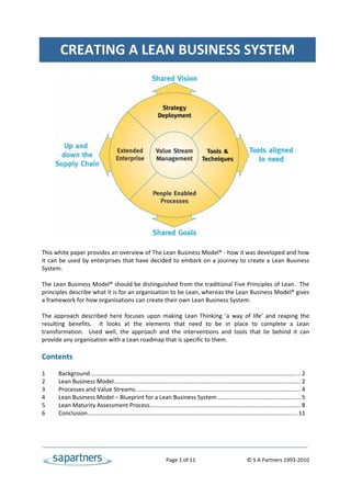 CREATING A LEAN BUSINESS SYSTEM 
 
 
                                                                                                                                                   
                                                                                                                                                   
                                                                                                                                                   
                                                                                                                                                   
                                                                                                                                                   
                                                                                                                                                   
                                                                                                                                                   
                                                                                                                                                   
                                                                                                                                                   
                                                                                                                                                   
                                                                                                                                                   
                                                                                                                                                   
                                                                                                                                                   
                                                                                                                                                   
                                                                                                                                                   
                                                                                                                                                   
                                                                                                                                                   
                                                                                                                                                   
                                                                                                                                                   
                                                                                                                                                   
                                                                                                                                                   
 
This white paper provides an overview of The Lean Business Model® ‐ how it was developed and how 
it  can  be  used  by  enterprises  that  have  decided  to  embark  on  a  journey  to  create  a  Lean  Business 
System. 
 
The Lean Business Model® should be distinguished from the traditional Five Principles of Lean.  The 
principles describe what it is for an organisation to be Lean, whereas the Lean Business Model® gives 
a framework for how organisations can create their own Lean Business System.   
 
The  approach  described  here  focuses  upon  making  Lean  Thinking  ‘a  way  of  life’  and  reaping  the 
resulting  benefits.    It  looks  at  the  elements  that  need  to  be  in  place  to  complete  a  Lean 
transformation.    Used  well,  the  approach  and  the  interventions  and  tools  that  lie  behind  it  can 
provide any organisation with a Lean roadmap that is specific to them. 
 
Contents 
 
1      Background ................................................................................................................................. 2 
2      Lean Business Model ................................................................................................................... 2 
3      Processes and Value Streams...................................................................................................... 4 
4      Lean Business Model – Blueprint for a Lean Business System ................................................... 5 
5      Lean Maturity Assessment Process............................................................................................. 8 
6      Conclusion ................................................................................................................................. 11 
 
 
 


                                                                      Page 1 of 11                                        © S A Partners 1993‐2010 
 