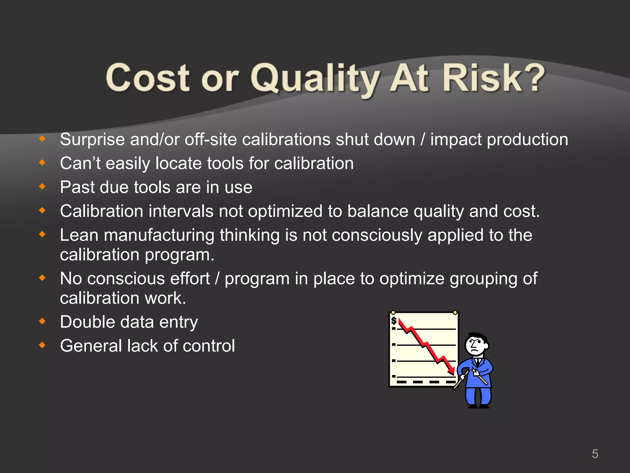 Surprise and/or off-site calibrations shut down / impact production Can’t easily locate tools for calibration Past due tools are in use Calibration intervals not optimized to balance quality and cost. Lean manufacturing thinking is not consciously applied to the calibration program. No conscious effort / program in place to optimize grouping of calibration work. Double data entry General lack of control 