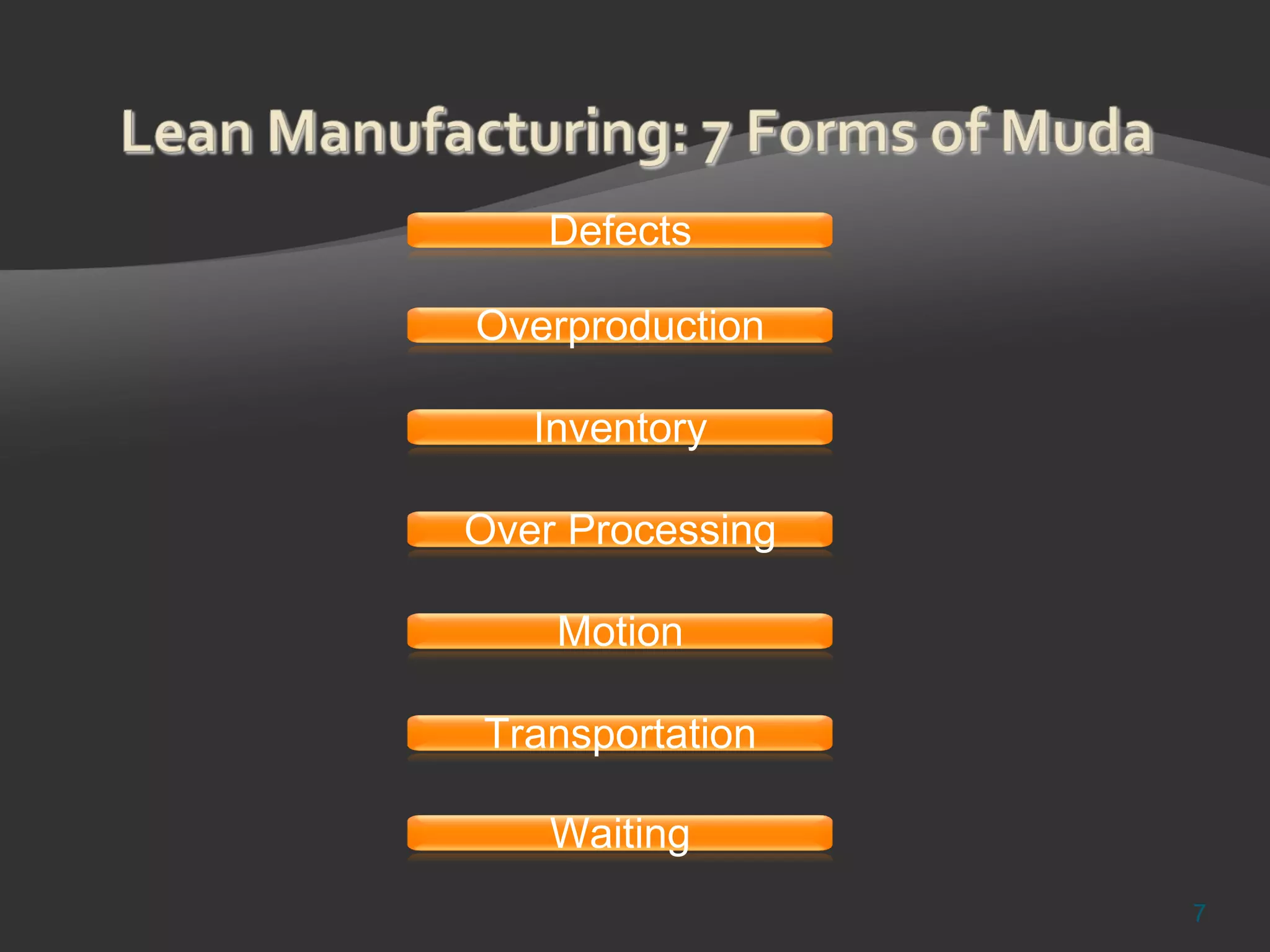 Overproduction Inventory Over Processing Motion Transportation Defects Waiting 