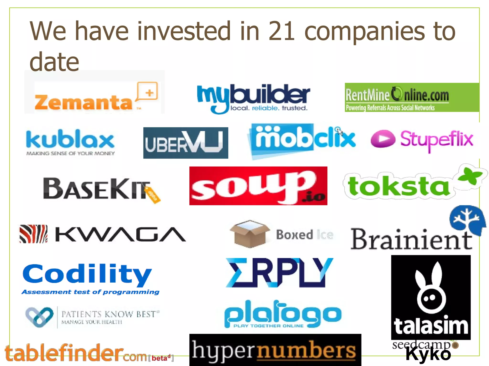 We have invested in 21 companies to date Kyko 