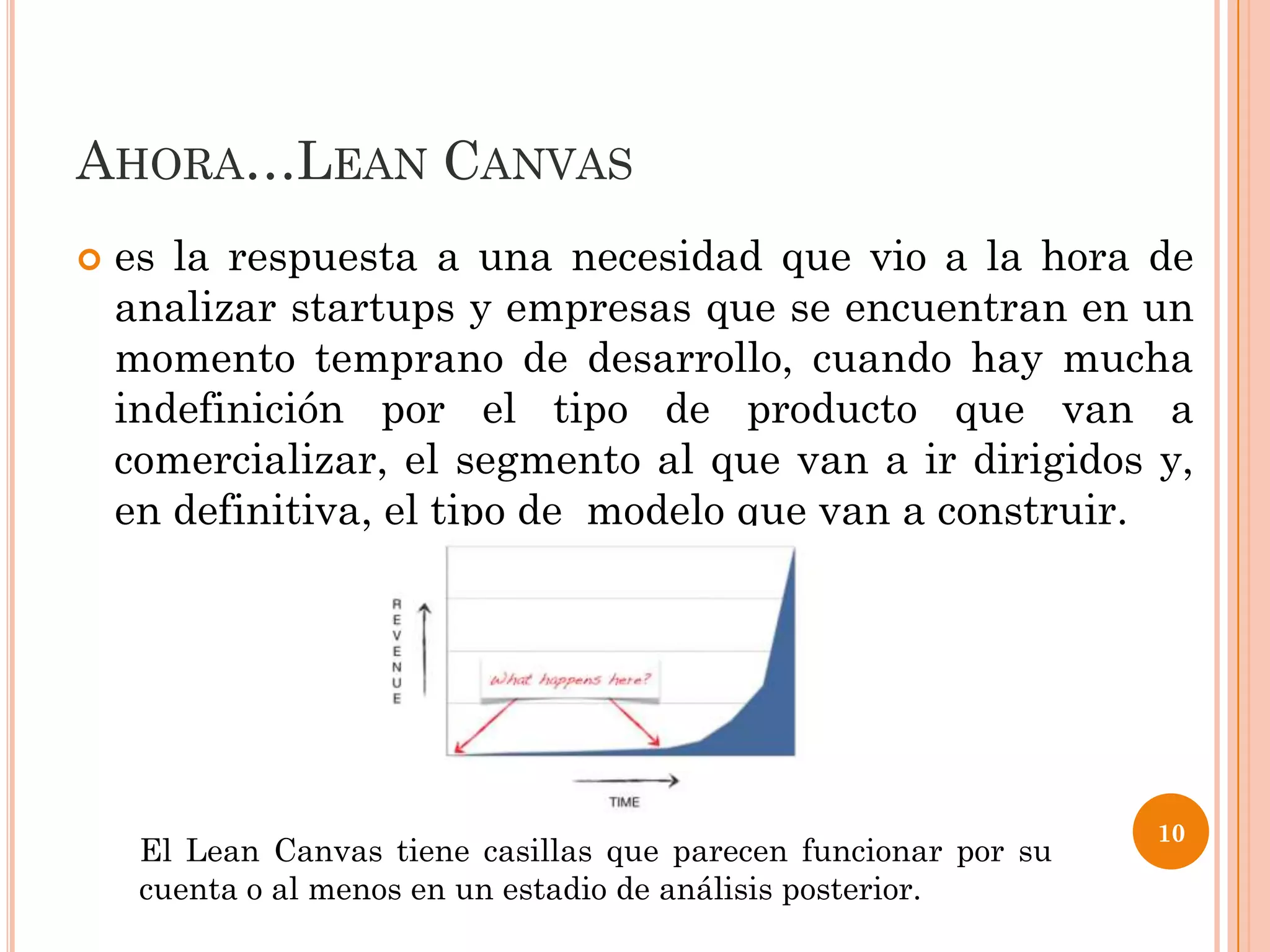 AHORA…LEAN CANVAS
   es la respuesta a una necesidad que vio a la hora de
    analizar startups y empresas que se encuentran en un
    momento temprano de desarrollo, cuando hay mucha
    indefinición por el tipo de producto que van a
    comercializar, el segmento al que van a ir dirigidos y,
    en definitiva, el tipo de modelo que van a construir.




                                                                  10
     El Lean Canvas tiene casillas que parecen funcionar por su
     cuenta o al menos en un estadio de análisis posterior.
 