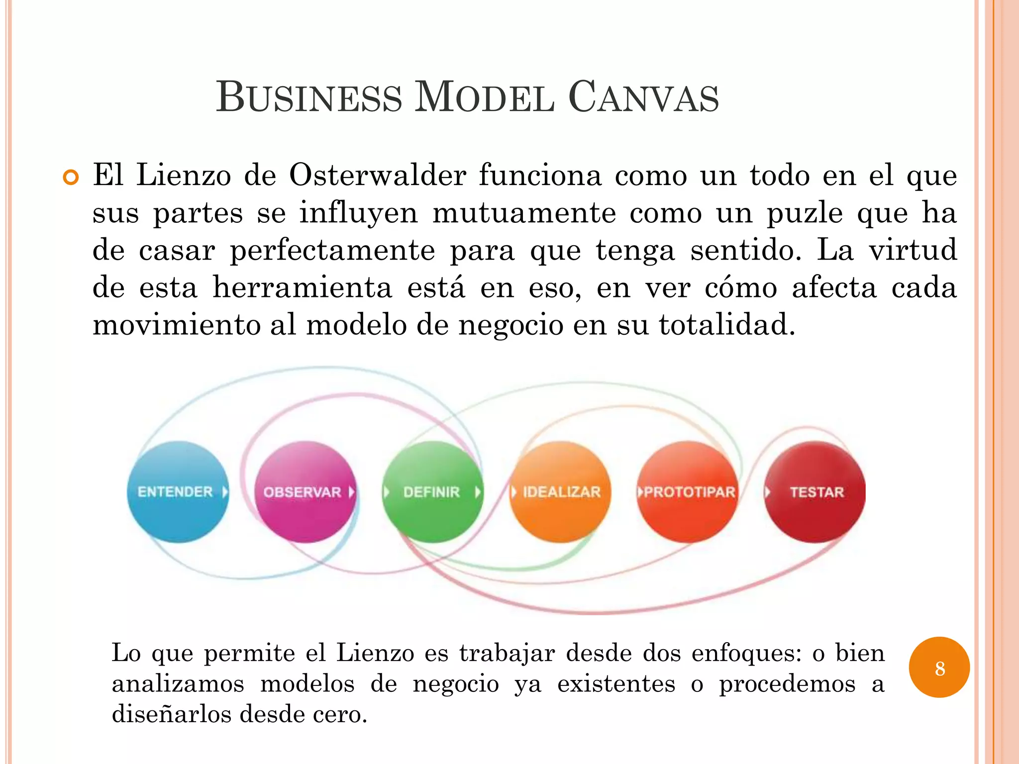 BUSINESS MODEL CANVAS
   El Lienzo de Osterwalder funciona como un todo en el que
    sus partes se influyen mutuamente como un puzle que ha
    de casar perfectamente para que tenga sentido. La virtud
    de esta herramienta está en eso, en ver cómo afecta cada
    movimiento al modelo de negocio en su totalidad.




     Lo que permite el Lienzo es trabajar desde dos enfoques: o bien
                                                                       8
     analizamos modelos de negocio ya existentes o procedemos a
     diseñarlos desde cero.
 