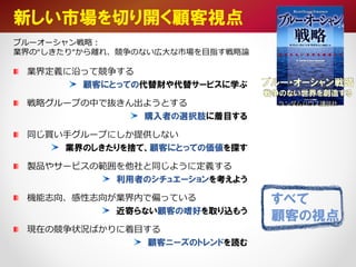 業界定義に沿って競争する
顧客にとっての代替財や代替サービスに学ぶ
戦略グループの中で抜きん出ようとする
購入者の選択肢に着目する
同じ買い手グループにしか提供しない
業界のしきたりを捨て、顧客にとっての価値を探す
製品やサービスの範囲を他社と同じように定義する
利用者のシチュエーションを考えよう
機能志向、感性志向が業界内で偏っている
近寄らない顧客の嗜好を取り込もう
現在の競争状況ばかりに着目する
顧客ニーズのトレンドを読む
新しい市場を切り開く顧客視点
ブルー・オーシャン戦略
戦争のない世界を創造する
ランダムハウス講談社
ブルーオーシャン戦略：
業界の”しきたり”から離れ、競争のない広大な市場を目指す戦略論
すべて
顧客の視点
24
 