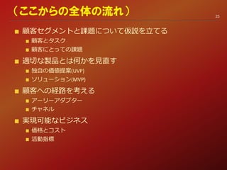 顧客セグメントと課題について仮説を立てる
顧客とタスク
顧客にとっての課題
適切な製品とは何かを見直す
独自の価値提案(UVP)
ソリューション(MVP)
顧客への経路を考える
アーリーアダプター
チャネル
実現可能なビジネス
価格とコスト
活動指標
（ここからの全体の流れ） 25
 