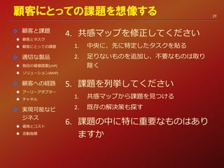 4. 共感マップを修正してください
1. 中央に、先に特定したタスクを貼る
2. 足りないものを追加し、不要なものは取り
除く
5. 課題を列挙してください
1. 共感マップから課題を見つける
2. 既存の解決策も探す
6. 課題の中に特に重要なものはあり
ますか
顧客にとっての課題を想像する
顧客と課題
 顧客とタスク
 顧客にとっての課題
適切な製品
 独自の価値提案(UVP)
 ソリューション(MVP)
顧客への経路
 アーリーアダプター
 チャネル
実現可能なビ
ジネス
 価格とコスト
 活動指標
29
 