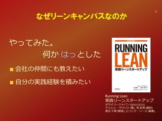 やってみた。
何か はっとした
会社の仲間にも教えたい
自分の実践経験を積みたい
Running Lean
実践リーンスタートアップ
オライリージャパン (2012/12/21)
アッシュ・マウリャ (著), 角 征典 (翻訳)
渡辺 千賀 (解説), エリック・リース (編集),
なぜリーンキャンバスなのか
3
 