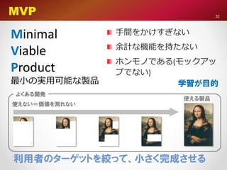 “User Story Mapping, Discover the whole story” by Jeff Patton
http://www.slideshare.net/jeffpatton/user-story-mapping-discovery-the-whole-story
手間をかけすぎない
余計な機能を持たない
ホンモノである(モックアップでない
MVP
Minimal
Viable
Product 最小の実用可能な製品＝学習が目的
利用ターゲットを絞って、
小さく完成させる
32
 