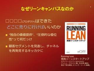 □□□□(プロダクト)はできた
どこに売りに行けばいいのか
“独自の価値提供”、”圧倒的な優位
性”って何だっけ
顧客セグメントを見直し、チャネル
を再発見するキッカケに
Running Lean
実践リーンスタートアップ
オライリージャパン (2012/12/21)
アッシュ・マウリャ (著), 角 征典 (翻訳)
渡辺 千賀 (解説), エリック・リース (編集),
なぜリーンキャンバスなのか
4
 