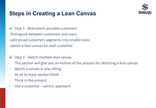 Steps in Creating a Lean Canvas
 Step 1 - Brainstorm possible customers
-Distinguish between customers and users
-split broad customers segments into smaller ones
-sketch a lean canvas for each customer
 Step 2 - Sketch multiple lean canvas
- This section will give you an outline of the process for sketching a lean canvas
- Sketch a canvas in one sitting
- Its ok to leave section blank
- Think in the present
- Use a customer – centric approach
 