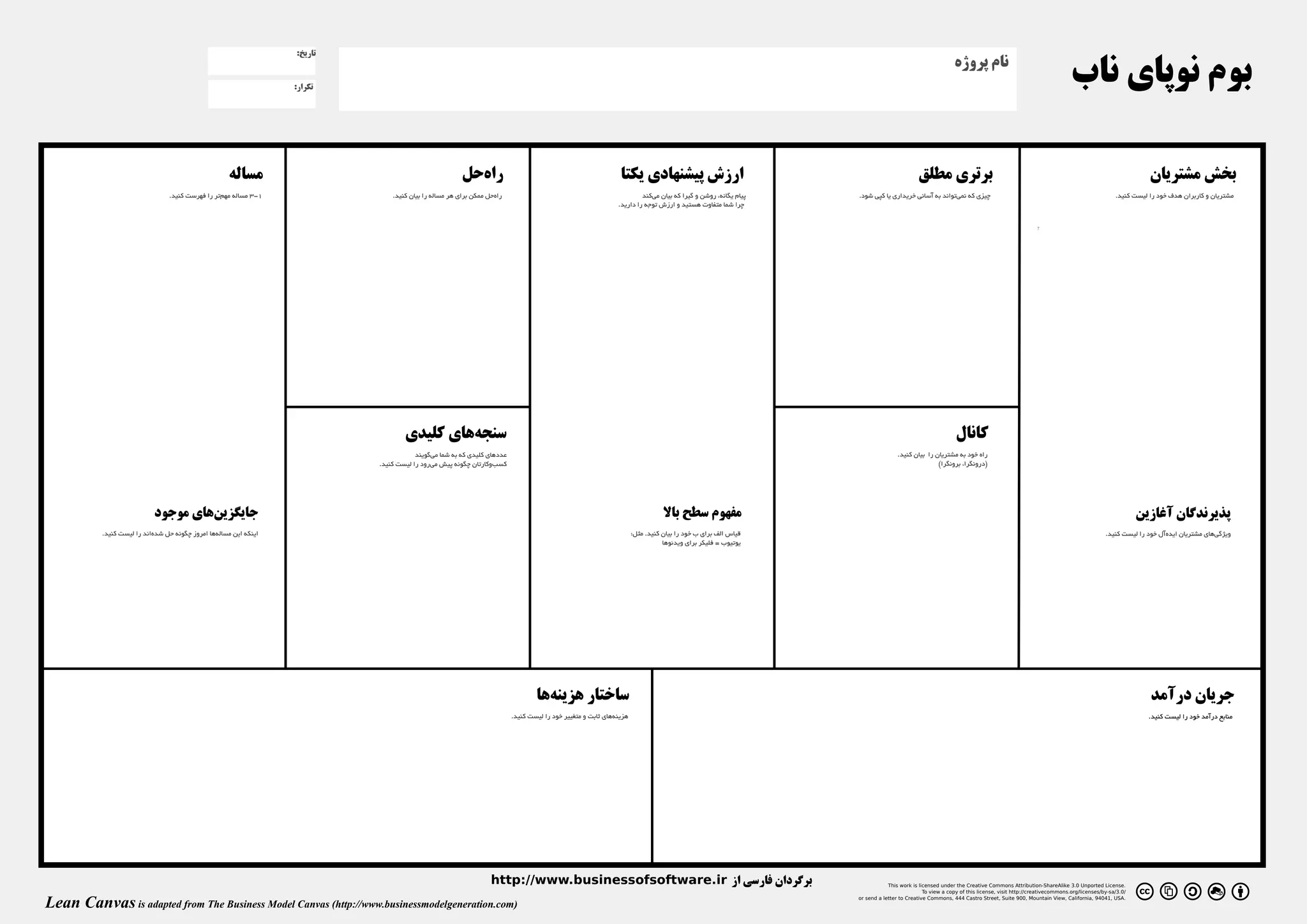 ‫ﺗﺎرﯾﺦ:‬
                                                                                                                                                                                                                                                      ‫ﻧﺎم ﭘﺮوژه‬
                                                                   ‫ﺗﮑ ﺮار:‬
                                                                                                                                                                                                                                                                                                       ‫ﺑﻮم ﻧﻮ ﭘ ﺎ ی ﻧ ﺎ ب‬

                                                     ‫ﻣﺴﺎ ﻟﻪ‬                                             ‫راه ﺣ ﻞ‬                                                ‫ارزش ﭘﯿﺸﻨﻬﺎدی ﯾﮑﺘﺎ‬                                                      ‫ﺑ ﺮ ﺗ ﺮ ی ﻣ ﻄ ﻠﻖ‬                                                                             ‫ﺑﺨﺶ ﻣﺸﺘﺮﯾﺎن‬
                                 ‫1-3 ﻣﺴﺎﻟﻪ ﻣﻬﻢﺗﺮ را ﻓﻬﺮﺳﺖ ﮐﻨﯿﺪ.‬                  ‫راهﺣﻞ ﻣﻤﮑﻦ ﺑﺮای ﻫﺮ ﻣﺴﺎﻟﻪ را ﺑﯿﺎن ﮐﻨﯿﺪ.‬                                                ‫ﭘﯿﺎم ﯾﮕﺎﻧﻪ، روﺷﻦ و ﮔﯿﺮا ﮐﻪ ﺑﯿﺎن ﻣﯽﮐﻨﺪ‬   ‫ﭼﯿﺰی ﮐﻪ ﻧﻤﯽﺗﻮاﻧﺪ ﺑﻪ آﺳﺎﻧﯽ ﺧﺮﯾﺪاری ﯾﺎ ﮐﭙﯽ ﺷﻮد.‬                                                             ‫ﻣﺸﺘﺮﯾﺎن و ﮐﺎرﺑﺮان ﻫﺪف ﺧﻮد را ﻟﯿﺴﺖ ﮐﻨﯿﺪ.‬
                                                                                                                                                              ‫ﭼﺮا ﺷﻤﺎ ﻣﺘﻔﺎوت ﻫﺴﺘﯿﺪ و ارزش ﺗﻮﺟﻪ را دارﯾﺪ.‬


                                                                                                                                                                                                                                                                                         ‫?‬




                                                                                     ‫ﺳﻨﺠﻪﻫﺎی ﮐﻠﯿﺪی‬                                                                                                                                                     ‫ﮐﺎ ﻧﺎل‬
                                                                                         ‫ﻋﺪدﻫﺎی ﮐﻠﯿﺪی ﮐﻪ ﺑﻪ ﺷﻤﺎ ﻣﯽﮔﻮﯾﻨﺪ‬                                                                                                        ‫راه ﺧﻮد ﺑﻪ ﻣﺸﺘﺮﯾﺎن را ﺑﯿﺎن ﮐﻨﯿﺪ.‬
                                                                             ‫ﮐﺴﺐوﮐﺎرﺗﺎن ﭼﮕﻮﻧﻪ ﭘﯿﺶ ﻣﯽرود را ﻟﯿﺴﺖ ﮐﻨﯿﺪ.‬                                                                                                                         ‫)دروﻧﮕﺮا، ﺑﺮوﻧﮕﺮا(‬




                            ‫ﺟﺎﯾﮕﺰﯾﻦﻫﺎی ﻣﻮﺟﻮد‬                                                                                                                                    ‫ﻣﻔﻬﻮم ﺳﻄﺢ ﺑﺎﻻ‬                                                                                                                                    ‫ﭘﺬﯾﺮﻧﺪﮔﺎن آﻏﺎزﯾﻦ‬
           ‫اﯾﻨﮑﻪ اﯾﻦ ﻣﺴﺎﻟﻪﻫﺎ اﻣﺮوز ﭼﮕﻮﻧﻪ ﺣﻞ ﺷﺪهاﻧﺪ را ﻟﯿﺴﺖ ﮐﻨﯿﺪ.‬                                                                                                     ‫ﻗﯿﺎس اﻟﻒ ﺑﺮای ب ﺧﻮد را ﺑﯿﺎن ﮐﻨﯿﺪ. ﻣﺜﻞ:‬                                                                                                          ‫وﯾﮋﮔﯽﻫﺎی ﻣﺸﺘﺮﯾﺎن اﯾﺪهآل ﺧﻮد را ﻟﯿﺴﺖ ﮐﻨﯿﺪ.‬
                                                                                                                                                                                ‫ﯾﻮﺗﯿﻮب = ﻓﻠﯿﮑﺮ ﺑﺮای وﯾﺪﺋﻮﻫﺎ‬




                                                                                                                                  ‫ﺳﺎﺧﺘﺎر ﻫﺰﯾﻨﻪﻫﺎ‬                                                                                                                                                                                    ‫ﺟﺮﯾﺎن درآﻣﺪ‬
                                                                                                                          ‫ﻫﺰﯾﻨﻪﻫﺎی ﺛﺎﺑﺖ و ﻣﺘﻐﯿﯿﺮ ﺧﻮد را ﻟﯿﺴﺖ ﮐﻨﯿﺪ.‬                                                                                                                                                                 ‫ﻣﻨﺎﺑﻊ درآﻣﺪ ﺧﻮد را ﻟﯿﺴﺖ ﮐﻨﯿﺪ.‬




                                                                                                                   ‫ﺑﺮﮔﺮدان ﻓﺎرﺳﯽ از ‪http://www.businessofsoftware.ir‬‬                                                       ‫.‪This work is licensed under the Creative Commons Attribution-ShareAlike 3.0 Unported License‬‬
                                                                                                                                                                                                                                          ‫/0.3/‪To view a copy of this license, visit http://creativecommons.org/licenses/by-sa‬‬

‫)‪Lean Canvas is adapted from The Business Model Canvas (http://www.businessmodelgeneration.com‬‬                                                                                                                 ‫.‪or send a letter to Creative Commons, 444 Castro Street, Suite 900, Mountain View, California, 94041, USA‬‬
 