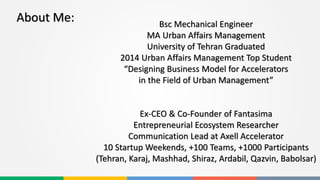 About Me: Bsc Mechanical Engineer
MA Urban Affairs Management
University of Tehran Graduated
2014 Urban Affairs Management Top Student
“Designing Business Model for Accelerators
in the Field of Urban Management”
Ex-CEO & Co-Founder of Fantasima
Entrepreneurial Ecosystem Researcher
Communication Lead at Axell Accelerator
10 Startup Weekends, +100 Teams, +1000 Participants
(Tehran, Karaj, Mashhad, Shiraz, Ardabil, Qazvin, Babolsar)
 