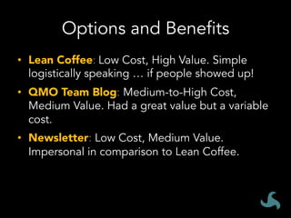 Options and Benefits
•  Lean Coffee:	Low Cost, High Value. Simple
logistically speaking … if people showed up!
•  QMO Team Blog: Medium-to-High Cost,
Medium Value. Had a great value but a variable
cost.
•  Newsletter: Low Cost, Medium Value.
Impersonal in comparison to Lean Coffee.	
 