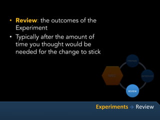 •  Review: the outcomes of the
Experiment
•  Typically after the amount of
time you thought would be
needed for the change to stick
Experiments	è	Review	
 