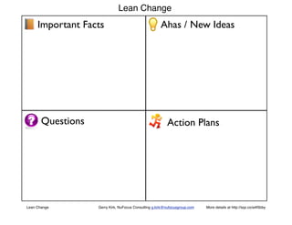 Lean Change Canvas




                                                   Lean Change Canvas courtesy Jeff Anderson, Deloitte

Lean Change!   Gerry Kirk, NuFocus Consulting g.kirk@nufocusgroup.com!   More details at http://sqz.co/a4f5bby
 