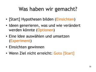 55
Was haben wir gemacht?
● [Start] Hypothesen bilden (Einsichten)
● Ideen generieren, was und wie verändert
werden könnte (Optionen)
● Eine Idee auswählen und umsetzen
(Experiment)
● Einsichten gewinnen
● Wenn Ziel nicht erreicht: Goto [Start]
 