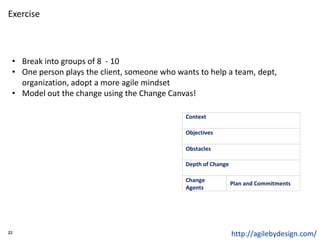 Exercise
22
• Break into groups of 8 - 10
• One person plays the client, someone who wants to help a team, dept,
organization, adopt a more agile mindset
• Model out the change using the Change Canvas!
Context
Change
Agents
Objectives
Obstacles
Depth of Change
Plan and Commitments
http://agilebydesign.com/
 