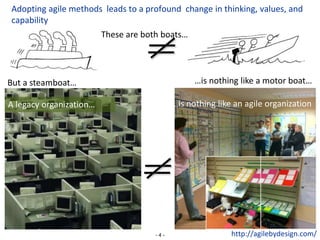 - 4 -
These are both boats…
…is nothing like a motor boat…But a steamboat…
A legacy organization… …is nothing like an agile organization
Adopting agile methods leads to a profound change in thinking, values, and
capability
http://agilebydesign.com/
 