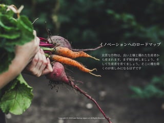 Copyright (C) 2019 Lean Startup Japan LLC All Rights Reserved.
イノベーションへのロードマップ
良質な作物は、良い⼟壌と優れた⽣産者か
ら産まれます。まず畑を耕しましょう。そ
して⽣...