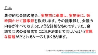 日本
典型的な会議の場合、実施前に準備し、実施後に、数
時間かけて議事録を作成します。その議事録も、会議の
内容がすべて収まったような詳細なものです。また、会
議では次の会議までにこれを済ませてほしいという重厚
な宿題がだされるケースも多くあります。
メソッド屋のブログ：日本と米国で異なる「想定する物量」がソフトウェア開発の生産性の違いを生む
http://simplearchitect.hatenablog.com/entry/2016/02/15/080413
 
