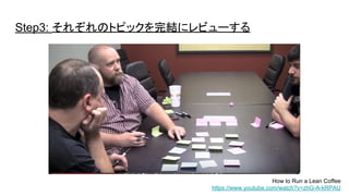 Step3: それぞれのトピックを簡潔にレビューする
How to Run a Lean Coffee
https://www.youtube.com/watch?v=zhG-A-kRPAU
 
