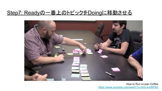 Step7: Readyの一番上のトピックをDoingに移動させる
How to Run a Lean Coffee
https://www.youtube.com/watch?v=zhG-A-kRPAU
 