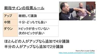 親指サインの投票ルール
ほとんどの人がアップなら追加で4分議論
半分の人がアップなら追加で2分議論
How to Run a Lean Coffee
https://www.youtube.com/watch?v=zhG-A-kRPAU
アップ 継続して議論
中間 十分・どっちでも良い
ダウン トピックが合っていない
次のトピックが良い
 