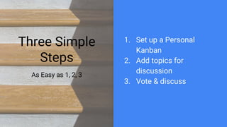 Three Simple
Steps
As Easy as 1, 2, 3
1. Set up a Personal
Kanban
2. Add topics for
discussion
3. Vote & discuss
 