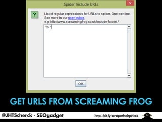 @JHTScherck - SEOgadget

http://bit.ly/scrapetheirprices

 