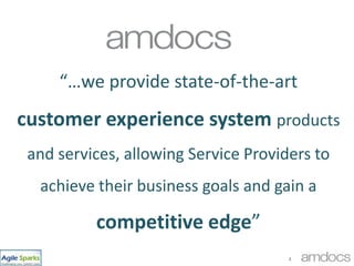 “…we provide state-of-the-art ,[object Object],customer experience system products and services, allowing Service Providers to achieve their business goals and gain a competitive edge” ,[object Object],4,[object Object]