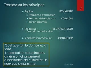 Transposer les principes 
 Equipe ECHANGER 
 Fréquence d’animation 
 Résultats visibles de tous VISUALISER 
 Terrain proximité 
 Processus : les STANDARDISER 
Base de l’amélioration 
 Amélioration continue : CONTRIBUER 
5 
Quel que soit le domaine, la 
taille, 
L’application des principes 
amène un changement 
d’habitudes, de culture et un 
nouveau dynamisme. 
 