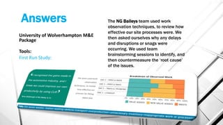 Answers
University of Wolverhampton M&E
Package
Tools:
First Run Study:
The NG Baileys team used work
observation techniques, to review how
effective our site processes were. We
then asked ourselves why any delays
and disruptions or snags were
occurring. We used team
brainstorming sessions to identify, and
then countermeasure the ‘root cause’
of the issues.
 