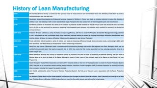 History of Lean Manufacturing
1473 The Venetian Arsenal develop a ‘continuous flow’ process based on mass-produced and standardised items that ultimately enable them to produce
and entire ship in less than one hour.
1776 Lieutenant General Jean-Baptiste de Gribeauval becomes Inspector of Artillery in France and starts to introduce reforms to reduce the diversity of
artillery in use and replacing it with a more standardised range of weapons that also used a form of interchangeable parts and manufacture.
1799 Eli Whitney, inventor of the Cotton Gin, takes on the contract to produces 10,000 muskets for the US Army at a low cost of $13.40 each. To enable
him to do this he had perfected the process of designing interchangeable parts between the muskets, which enabled the process to be divided up
and standardised.
1894-1912 Frederick W Taylor publishes a series of articles on improving efficiency, with his key work The Principles of Scientific Management being published
in 1911, with details of how to eliminate many of the inefficient practices existing in industry at the time and strongly advocating standardised work
and the division of labour to improve efficiency. Collectively this approach is later termed ‘Taylorism’.
1905-1921 Frank and Lillian Gilbreth publish a series of articles and books on improving efficiency through time and motion study, culminating in 1921 with
their book Time and Motion Study as Fundamental Factors in Planning and Control.
1910 Henry Ford and Charles E Sorensen create a comprehensive manufacturing strategy and move to the Highland Park Plant, Michigan, which was the
world’s first automobile plant that used an assembly line. In 1914 they create the first moving assembly line, thus reducing production times by a
further 75 per cent.
1924-1939 Walter Shewhart develops the concept of statistical control of processes and later his work is adapted by W Edwards Deming, with the work of
Deming going on to form the basis of Six Sigma. Although a cousin of Lean, many of the concepts used by Six Sigma are also found in a Lean
Programme.
1943 Taichi Ohno joins Toyota Motor Corporation and later (1947 onwards) builds on the work of Toyota’s founder to create the Toyota Production System
(TPS). This goes on to incorporate cellular working, waste reduction, reduction of work-in-progress (WIP), in-process inspection by workers and many
other concepts including the ‘respect for people’ principle.
1988 John Krafcik publishes the article ‘Triumph of the Lean Production System’, the first use of the word Lean in association with the Toyota Production
System.
1990-1996 Jim Womack, Daniel Roos and Dan Jones produce The machine that changed the World (Simon & Schuster, 1990). Womack and Jones go on to write
Lean Thinking (Simon & Schuster, 1996) bringing the term Lean into the public domain and defining the five principles.
 