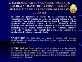 wrcastillejo@terra.com.pe
2.-INCREMENTAR EL VALOR DEL PRODUCTO
(SALIDA) A TRAVÉS DE LA CONSIDERACIÓN
SISTEMÁTICA DE LAS NECESIDADES DE LOS
CLIENTES
• El valor es generado a través de la satisfacción de los
requerimientos del cliente, no como un mérito inherente de la
conversión. Para cada actividad hay dos tipos de clientes: 1.-Las
siguientes actividades(el cliente de la act. Colocación fierro
columna es el encofrado de dicha columna y de esta el cliente es el
concreto) 2.-El cliente final(columna de concreto armado
tarrajeado y pintado que cumple las normas de calidad y a
satisfacción del cliente o usuario final).
• APLICACIÓN.-Se determina un mapa o cuadro del proceso
identificando sistemáticamente los clientes y sus requisitos para cada
etapa del mismo.
• EJEMPLO.-En el Proyecto deben existir requisitos y preferencias de
los clientes finales, obtenido por investigación de mercado o
evaluaciones post-ocupación de edificaciones ya entregadas. Tales
informaciones deben ser proporcionadas a los proyectistas para tener
en cuenta en el Proyecto.
 