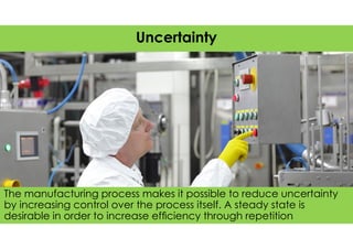 The manufacturing process makes it possible to reduce uncertainty
by increasing control over the process itself. A steady state is
desirable in order to increase efﬁciency through repetition
Uncertainty
 