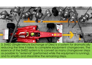 3. SMED (Single-Minute Exchange of Dies) is a system for dramatically
reducing the time it takes to complete equipment changeovers. The
essence of the SMED system is to convert as many changeover steps
as possible to “external” (performed while the equipment is running),
and to simplify and streamline the remaining steps.
 