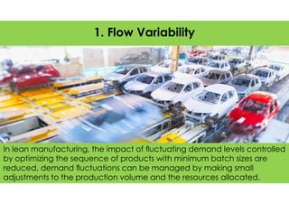 In lean manufacturing, the impact of ﬂuctuating demand levels controlled
by optimizing the sequence of products with minimum batch sizes are
reduced, demand ﬂuctuations can be managed by making small
adjustments to the production volume and the resources allocated.
1. Flow Variability
 