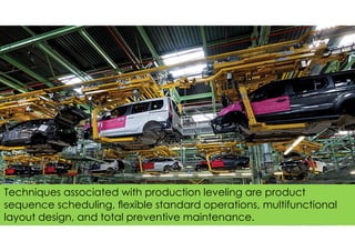 Techniques associated with production leveling are product
sequence scheduling, ﬂexible standard operations, multifunctional
layout design, and total preventive maintenance.
 