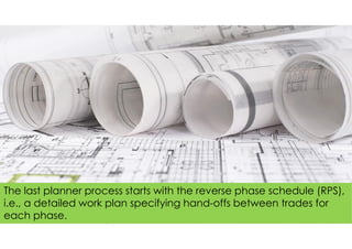 The last planner process starts with the reverse phase schedule (RPS),
i.e., a detailed work plan specifying hand-offs between trades for
each phase.
 