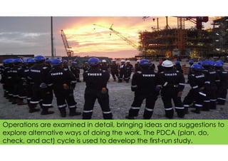 The image part with relationship ID rId13 was not found in the file.
Operations are examined in detail, bringing ideas and suggestions to
explore alternative ways of doing the work. The PDCA (plan, do,
check, and act) cycle is used to develop the ﬁrst-run study.
 
