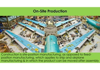 Construction is site-position manufacturing, as opposed to ﬁxed-
position manufacturing, which applies to ship and airplane
manufacturing & in which the product can be moved after assembly
On-Site Production
 