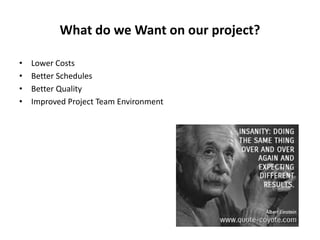 What do we Want on our project?
• Lower Costs
• Better Schedules
• Better Quality
• Improved Project Team Environment
 