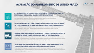 14
O PLANEJAMENTO DE LONGO PRAZO DEMONSTRA ESTAR EM UM NÍVEL DE
MATURIDADE ELEVADO EM GRANDE PARTE DAS EMPRESAS
Três das quatro práticas de Longo Prazo avaliadas apresentam implementação alta para mais de 60%
dos respondentes. Para estas mesmas três práticas, menos de 10,5% dos respondentes
consideraram como baixa a implementação em suas empresas.
O USO DE INDICADORES COMO AVANÇO FÍSICO, DESVIO DE PRAZO E DESVIO
DE CUSTO DEMONSTROU SER A PRÁTICA DE LONGO PRAZO MAIS MADURA
Cerca de 76% dos respondentes apontaram como Alto o nível de implementação desta prática
em suas empresas. Além disso, apenas 6% dos respondentes consideraram Baixo o nível de
implementação desta prática.
AVALIAR PLANOS ALTERNATIVOS DE LAYOUT E LOGÍSTICA DEMONSTRA SER A
PRÁTICA DE LONGO PRAZO COM MENOR NÍVEL DE IMPLEMENTAÇÃO
Apenas 35% dos respondentes consideraram como Alto o nível de implementação desta prática em suas
empresas. Este fato demonstra uma grande oportunidade de melhoria nos canteiros de obra, uma vez que
estes planos alternativos podem reduzir atividades que não agregam valor
AVALIAÇÃO DO PLANEJAMENTO DE LONGO PRAZO
O CRESCIMENTO DA UTILIZAÇÃO DE SOFTWARES PARA PLANEJAMENTO 4D
PODEM CONTRIBUIR PARA DUAS PRÁTICAS DE LONGO PRAZO
O uso de softwares que permitem o planejamento 4D tornam a estratégia do empreendimento mais
compreensível para a equipe operacional, assim como pode permitir a simulação mais rápida de cenários
de layout e logística para o canteiro.
 