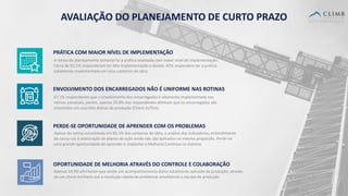 28
PRÁTICA COM MAIOR NÍVEL DE IMPLEMENTAÇÃO
A rotina de planejamento semanal foi a prática analisada com maior nível de implementação.
Cerca de 82,1% responderam ter Alta Implementação e destes, 65% respondem ter a prática
totalmente implementada em seus canteiros de obra.
ENVOLVIMENTO DOS ENCARREGADOS NÃO É UNIFORME NAS ROTINAS
67,1% responderam que o envolvimento dos encarregados é altamente implementado nas
rotinas semanais, porém, apenas 29,8% dos respondentes afirmam que os encarregados são
envolvidos em reuniões diárias da produção (Check In/Out).
PERDE-SE OPORTUNIDADE DE APRENDER COM OS PROBLEMAS
Apesar da rotina consolidada em 82,1% dos canteiros de obra, a análise dos indicadores, entendimento
da causa raiz e elaboração de planos de ação ainda não são aplicados na mesma proporção. Perde-se
uma grande oportunidade de aprender e implantar a Melhoria Contínua no sistema.
AVALIAÇÃO DO PLANEJAMENTO DE CURTO PRAZO
OPORTUNIDADE DE MELHORIA ATRAVÉS DO CONTROLE E COLABORAÇÃO
Apenas 10,4% afirmaram que existe um acompanhamento diário totalmente aplicado da produção, através
de um check-in/check-out e resolução rápida de problemas envolvendo a equipe de produção.
 