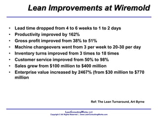 LeanConsultingWorks, LLC
Copyright © All Rights Reserved | www.LeanConsultingWorks.com
Lean Improvements at Wiremold
• Lead time dropped from 4 to 6 weeks to 1 to 2 days
• Productivity improved by 162%
• Gross profit improved from 38% to 51%
• Machine changeovers went from 3 per week to 20-30 per day
• Inventory turns improved from 3 times to 18 times
• Customer service improved from 50% to 98%
• Sales grew from $100 million to $400 million
• Enterprise value increased by 2467% (from $30 million to $770
million
Ref: The Lean Turnaround, Art Byrne
 