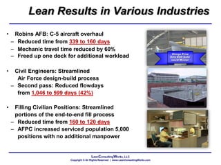 LeanConsultingWorks, LLC
Copyright © All Rights Reserved | www.LeanConsultingWorks.com
Lean Results in Various Industries
• Robins AFB: C-5 aircraft overhaul
– Reduced time from 339 to 160 days
– Mechanic travel time reduced by 60%
– Freed up one dock for additional workload
• Civil Engineers: Streamlined
Air Force design-build process
– Second pass: Reduced flowdays
from 1,046 to 599 days (42%)
• Filling Civilian Positions: Streamlined
portions of the end-to-end fill process
– Reduced time from 160 to 120 days
– AFPC increased serviced population 5,000
positions with no additional manpower
Shingo Prize
Only DOD Gold-
Level Winner
 