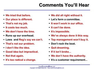 LeanConsultingWorks, LLC
Copyright © All Rights Reserved | www.LeanConsultingWorks.com
 We tried that before.
 Our place is different.
 That‟s not my job.
 It costs too much.
 We don‟t have the time.
 Runs up our overhead.
 Laws and Reg‟s say we can‟t.
 That‟s not our problem.
 I don‟t like the idea.
 Good idea but impractical.
 Not that again.
 It‟s too radical a change.
 We did all right without it.
 Let‟s form a committee.
 It won‟t work in our office.
 It can‟t be done.
 It‟s impossible.
 We‟ve always done it this way.
 Top management won‟t buy it.
 Don‟t rock the boat.
 Quit dreaming.
 If it isn‟t broke...
 We don‟t have the authority.
 It‟s a customer requirement...
Comments You‟ll Hear
 