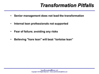 LeanConsultingWorks, LLC
Copyright © All Rights Reserved | www.LeanConsultingWorks.com
Transformation Pitfalls
• Senior management does not lead the transformation
• Internal lean professionals not supported
• Fear of failure; avoiding any risks
• Believing "hare lean" will beat “tortoise lean”
 