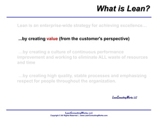 LeanConsultingWorks, LLC
Copyright © All Rights Reserved | www.LeanConsultingWorks.com
Lean is an enterprise-wide strategy for achieving excellence…
...by creating value (from the customer's perspective)
…by creating a culture of continuous performance
improvement and working to eliminate ALL waste of resources
and time
…by creating high quality, stable processes and emphasizing
respect for people throughout the organization.
LeanConsultingWorks, LLC
What is Lean?
 